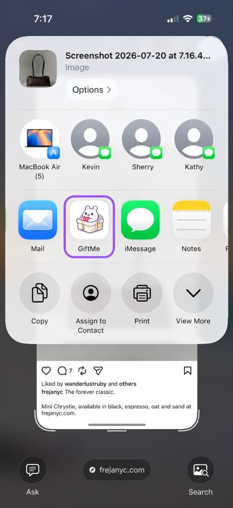 iOS share sheet with GiftMe selected to save the screenshot